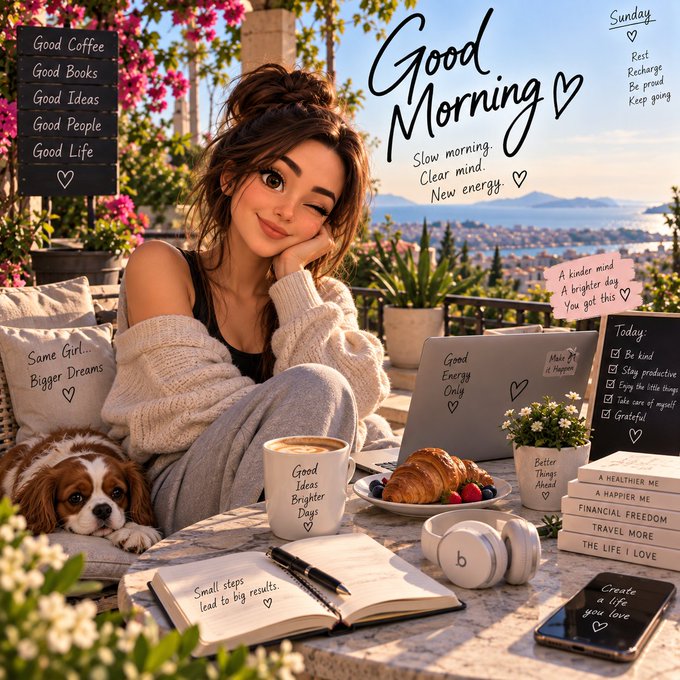 An illustrated "Good Morning" motivational graphic features a smiling girl with a laptop and coffee, surrounded by text elements like "Slow morning. Clear mind. New energy." and "Good Coffee, Good Books, Good Ideas."