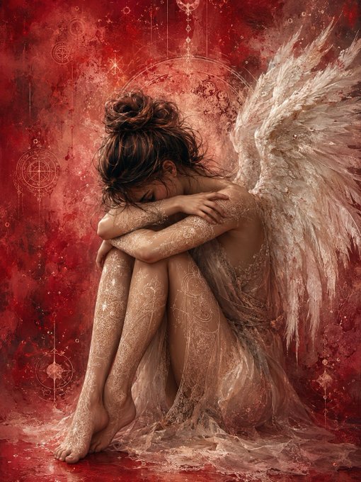 A sorrowful winged figure sits curled in on themselves with arms wrapped around their knees, draped in flowing fabric against a deep red, mystical background adorned with celestial symbols. The melancholic composition, titled "The Fall of Light," evokes themes of loss and introspection, complementing the artist's emotional and ethereal aesthetic.