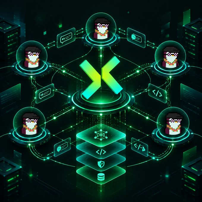 A futuristic digital illustration shows a glowing green central node connected by light beams to multiple identical pixelated avatar portraits within glass orbs, floating above server stacks.