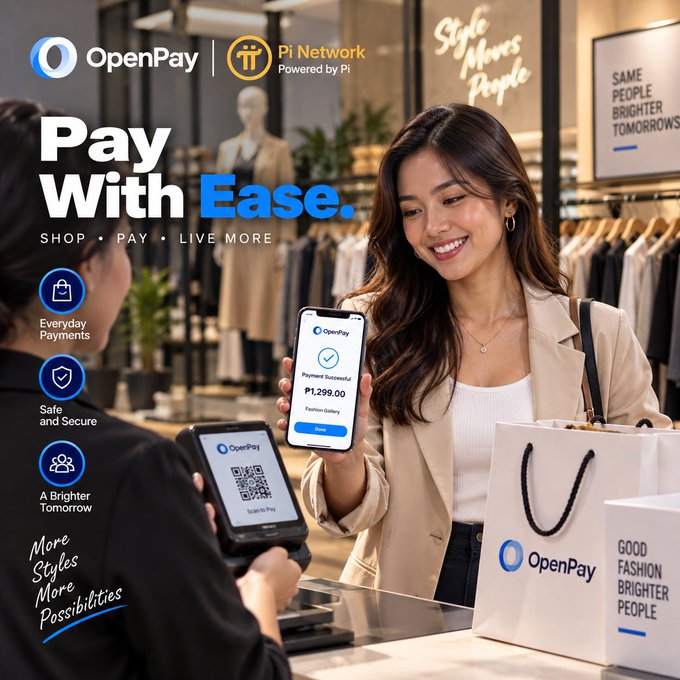 An advertisement for OpenPay by Pi Network showing a woman paying at a store, with text 'Pay With Ease. SHOP • PAY • LIVE MORE' and 'Everyday Payments, Safe and Secure, A Brighter Tomorrow'.