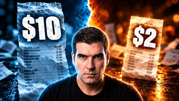 A man stands in the center with packets labeled '$10' on the left and '$2' on the right, with dynamic blue and orange lighting effects behind him.