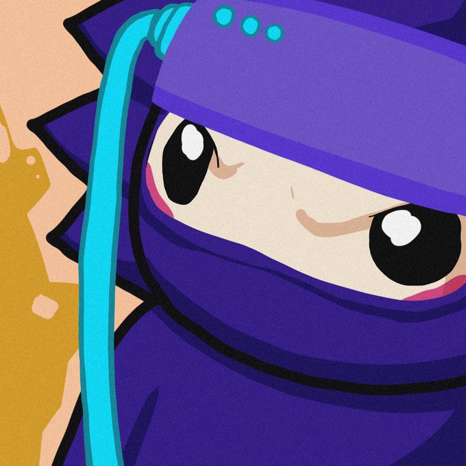 A close-up cartoon illustration of a ninja-like character with large, intense black eyes, dressed in a purple hood and scarf with a teal cord hanging down, paired with a questioning caption asking "Who still needs a Chog NFT?"