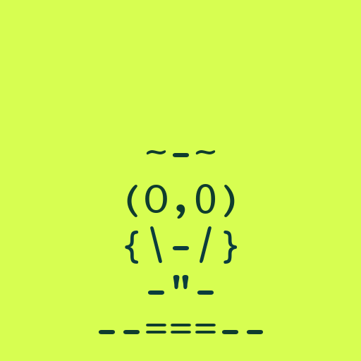 A neon green background featuring a simple ASCII-style face emoticon made of characters: ~_~, (O,O), {|-"/}, _"_, and a wavy line mouth.