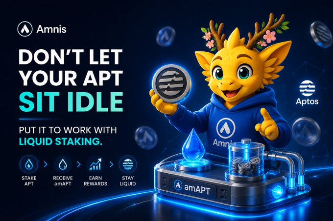 Advertisement for Amnis featuring a yellow mascot holding an Aptos coin, promoting the service 'Don't Let Your APT Sit Idle' with liquid staking to receive amAPT.