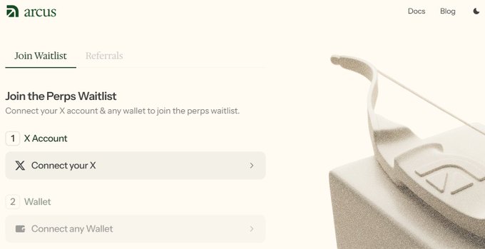 A webpage screenshot for 'arcus' showing a 'Join the Perps Waitlist' page with steps to connect an X account and a wallet, alongside a 3D image of sunglasses with an 'A' logo.