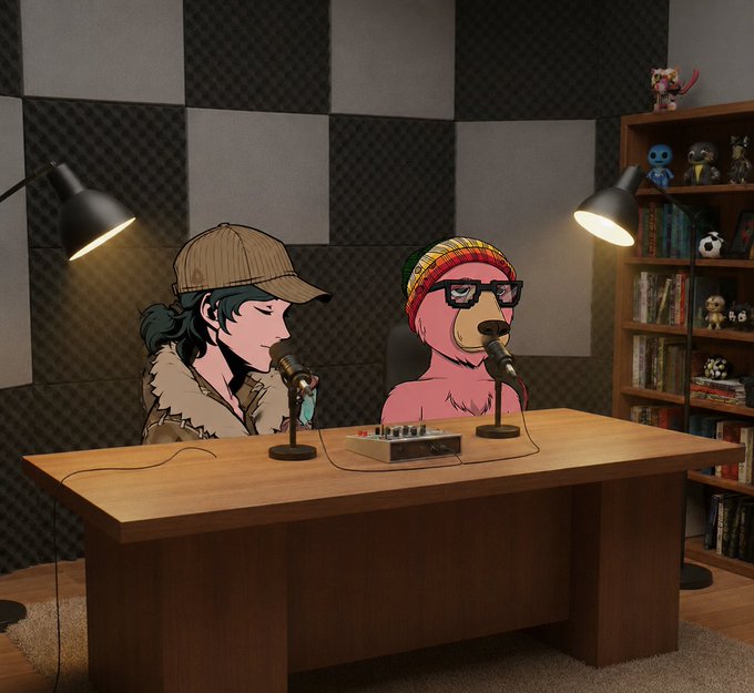 An illustrated podcast scene featuring a woman in a brown cap and jacket alongside a pink dog character wearing a beanie and glasses, sitting at a wooden desk with microphones in a soundproofed studio.