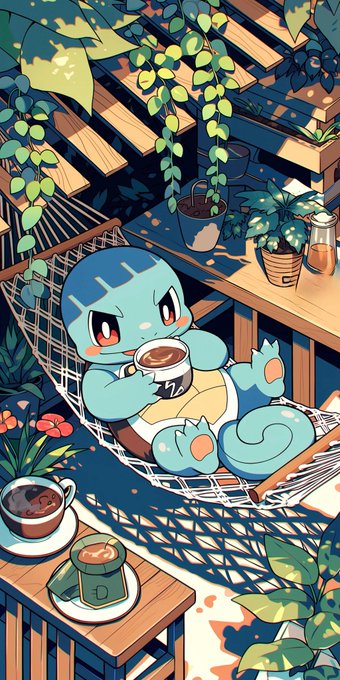 A colorful illustration of the Pokémon Squirtle relaxing in a hammock holding a cup of coffee, surrounded by hanging plants and a coffee cup on a table.