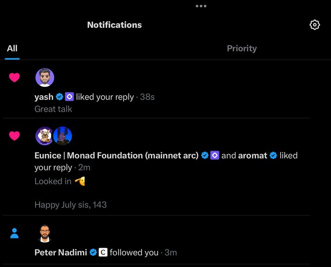 A notifications screen showing likes from 'yash', 'Eunice | Monad Foundation' and 'aromat', and a new follower 'Peter Nadimi'.