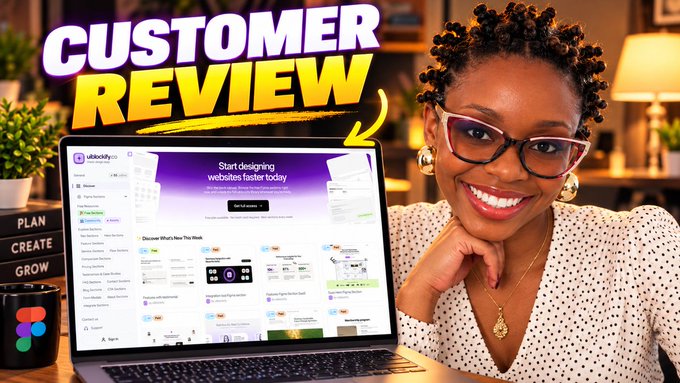 YouTube thumbnail-style "Customer Review" video featuring a smiling woman in glasses next to a laptop displaying the UbiBuilderly website builder interface.