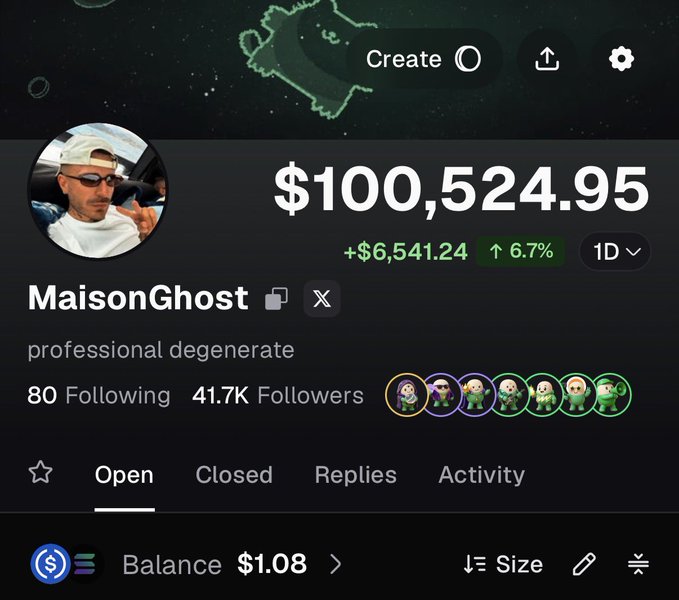 A profile screenshot of "MaisonGhost," self-described as a "professional degenerate," displays a portfolio value of $100,524.95 with a daily gain of +$6,541.24 (↑6.7%), showing 41.7K followers alongside a PumpFun balance of $1.08. The image celebrates surpassing the 40,000 follower milestone referenced in the accompanying giveaway announcement.
