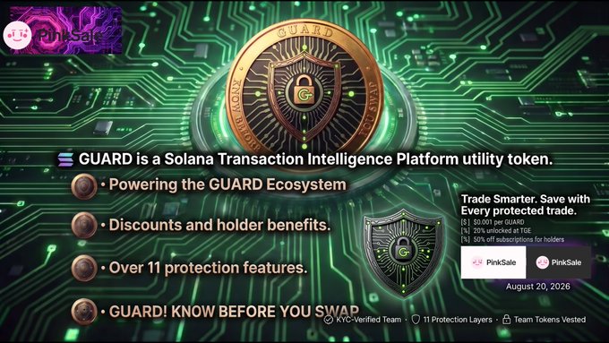 A promotional graphic for a cryptocurrency token called 'GUARD', identified as a 'Solana Transaction Intelligence Platform utility token', with an August 20, 2026 date and PinkSale logos.