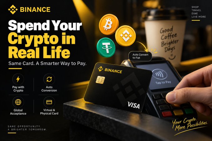 A Binance advertisement promoting their Visa crypto card with the tagline 'Spend Your Crypto in Real Life', featuring icons for Bitcoin, Binance Coin, and Tether, along with features like Pay with Crypto and Auto Conversion.