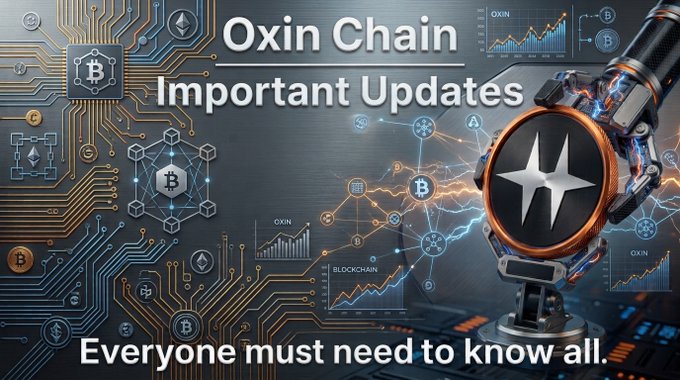 A promotional banner for "Oxin Chain Important Updates" featuring Bitcoin logos, blockchain graphics, and the tagline "Everyone must need to know all," designed to support a reflective message about the community's growth journey through mining and referrals.