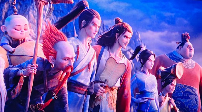The image depicts a group of animated characters from "New Gods: Yang Jian," a movie where the main character, Yang Jian, is struggling financially, relating to the post's mention of "creator earnings" and personal financial woes.