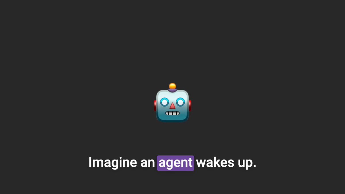 The image features an animated robot face, which appears to be a character from a video game or a promotional poster for a product. The robot has a purple head and blue body with a yellow light at its top. The background of the image is black, making the robot stand out prominently. Below the robot's face, there are two lines of text that read "Imagine an agent wakes up." This phrase seems to be related to the concept of trading agents in the context of cryptocurrency or blockchain technology.