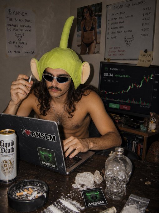 A person wearing a green goblin hat and white sunglasses types on a laptop with an 'I ❤️ ANSEM' sticker, sitting in a room decorated with '$ANSEM' crypto posters, a skull, and a stock chart.