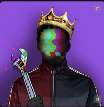 A digital artwork of a figure wearing a gold crown and a face covered by a colorful, pixelated pattern, holding a wrench covered in paint, set against a purple background.