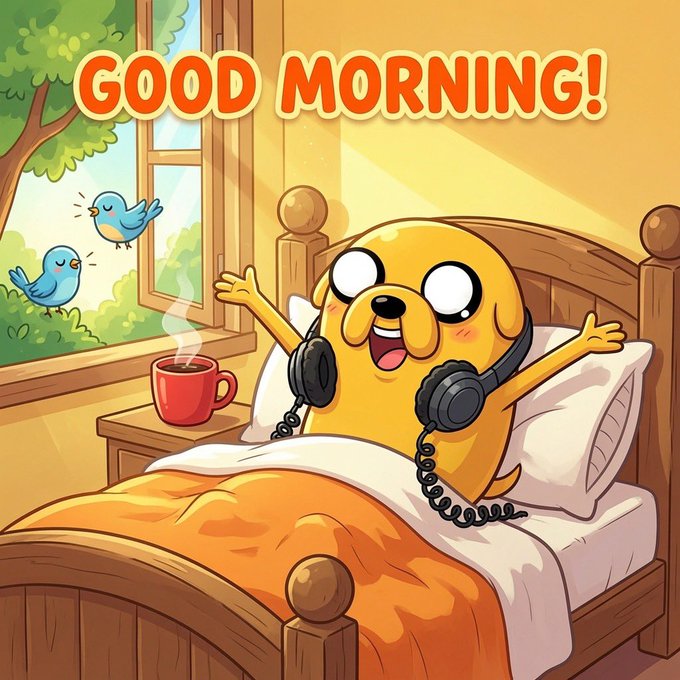 A cartoon illustration of a yellow dog wearing headphones, waking up in bed with arms outstretched, with 'GOOD MORNING!' text and birds at a window.