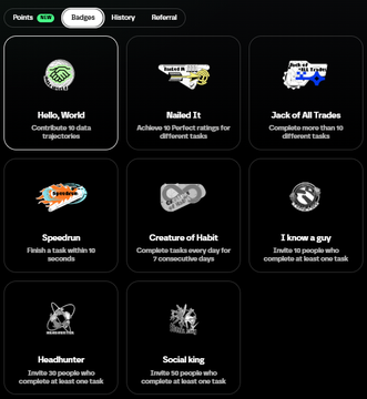 A dark-themed digital dashboard displays a grid of nine "Badges" with tasks including "Hello, World" (contribute to data), "Mailed It" (achieve 10 perfect ratings), "Jack of All Trades" (complete more than 10 different tasks), "Speedrun" (finish a task within 10 seconds), "Creature of Habit" (complete tasks every day for 7 consecutive days), "I know a guy" (invite 10 people), "Headhunter" (invite 30 people), and "Social king" (invite 50 people). The badge collection system relates to the task mentioned, reminding users to collect badges after completing tasks on the Axisrobotics platform using a small ETH deposit on the Base network.