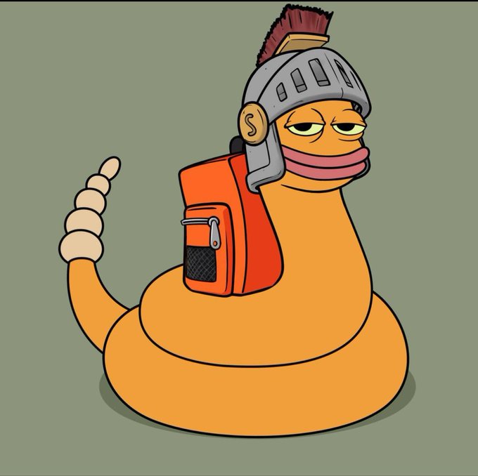 A cartoon orange snake wearing a knight's helmet with a red mohawk plume and carrying a red backpack, with a slightly bored expression. The image visually represents the Slippy Club NFT character described in the post, embodying the "one snake, twelve personalities, zero arms" concept mentioned in the caption.
