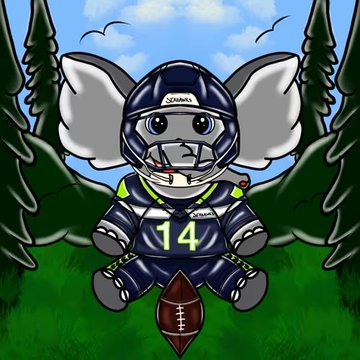 A cartoon-style mascot of a Seattle Seahawks football player depicted as a gray elephant wearing a navy blue #14 jersey and helmet, sitting with a football.