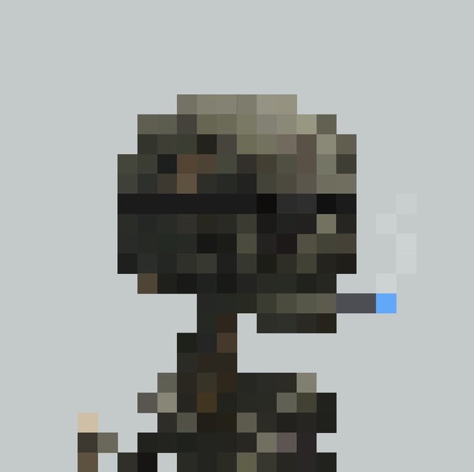 A heavily pixelated image showing what appears to be a dark character or figure against a light gray background, with very low resolution making details unclear.