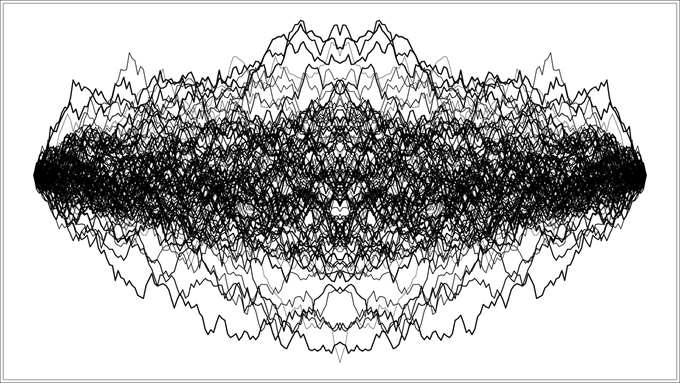A dense, abstract black-and-white pattern resembles a vibrating waveform or sound visualization, shaped like a horizontal diamond or eye.
