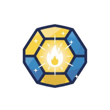 An octagonal icon designed like a faceted gemstone in yellow and blue, with a stylized flame symbol glowing in the center against a white background.