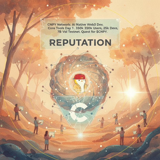 CNPY Network promotional illustration about reputation, described as an AI native Web3 dev core tools day 1 with 350k users, 25k devs, and 7B volume testnet, with a quest for $CNPY.
