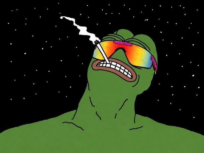 The image features a cartoon frog wearing sunglasses, smoking a cigarette while standing against a black background with stars. The caption below the image reads "$PEPE can see it coming." This suggests that the image might be related to a humorous or satirical commentary on the frog's actions and appearance.