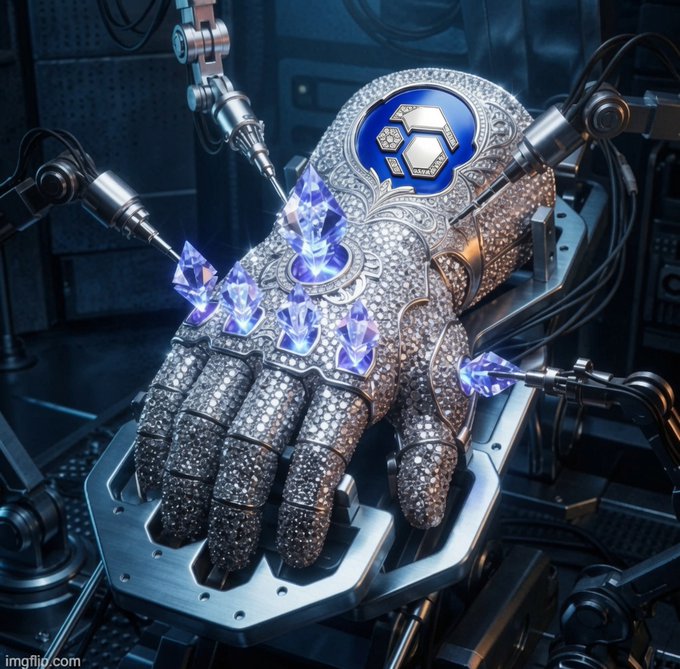 A sci-fi rendering shows a metallic gauntlet encrusted with diamonds and featuring a blue circular emblem, with robotic arms manipulating glowing purple crystals near its surface.