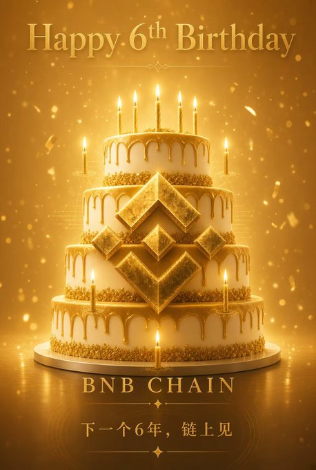 A celebratory image for BNB Chain's 6th birthday featuring a three-tiered golden and white cake with candles, displaying the text 'Happy 6th Birthday BNB CHAIN 下一个6年, 链上见'.