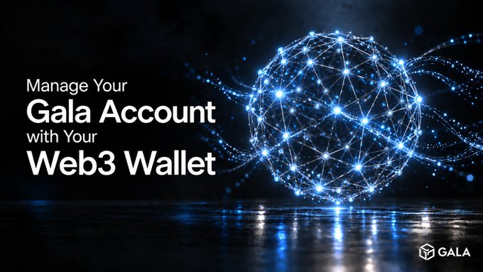 A glowing blue Web3 network sphere floats above a reflective surface with text reading "Manage Your Gala Account with Your Web3 Wallet" alongside the Gala logo, illustrating the integration of Gala's gaming accounts with decentralized wallets like MetaMask and Trust Wallet through GalaConnect.