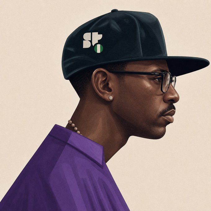 A digital illustration in profile view of a man wearing a black 'SF' cap with a green circle, glasses, and a purple shirt against a beige background.