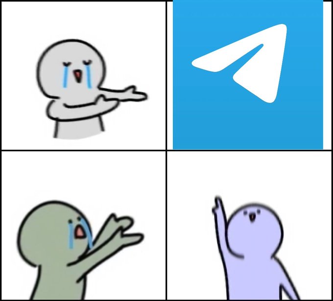 Four-panel meme featuring cartoon figures pointing at the Telegram logo, referencing the platform (commonly associated with Pavel Durov).