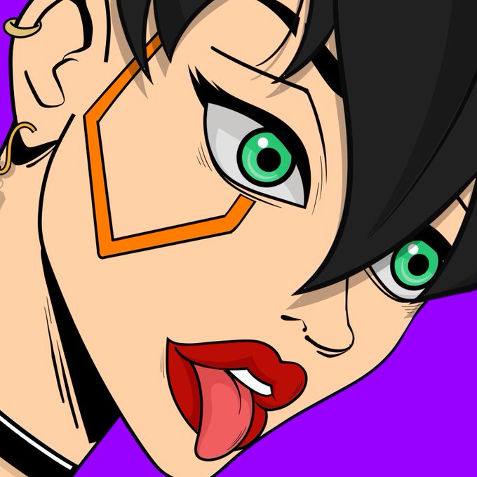 A close-up illustration of an anime-style character with green eyes, a diamond facial tattoo, and an open mouth, set against a purple background.
