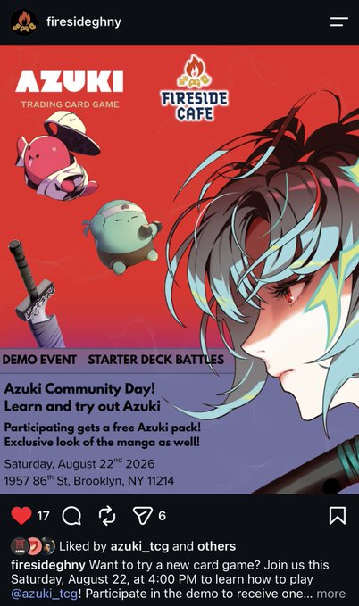 An Instagram post from 'firesideghny' advertising an 'Azuki Community Day!' event at Fireside Cafe in Brooklyn, NY on Saturday, August 22nd, 2026.
