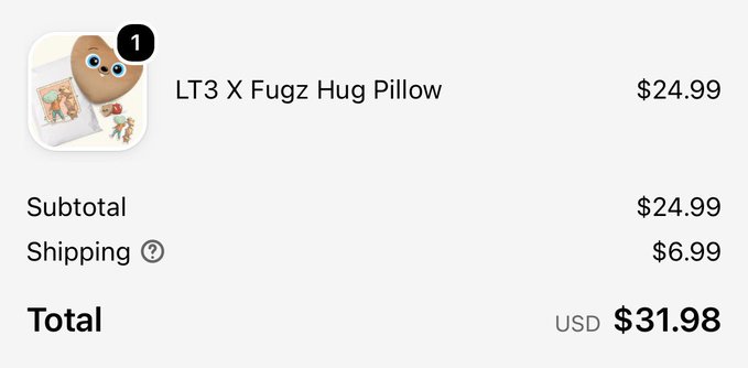 An e-commerce checkout screen shows a purchase of an 'LT3 X Fugzz Hug Pillow' for $24.99, with $6.99 shipping, totaling $31.98 USD.