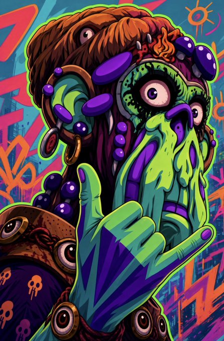 A vibrant, psychedelic illustration features a green-skinned zombie-like character with bulging eyes, purple growths, and a brown furry cap, making a middle finger gesture against a graffiti-covered background, with skull-patterned accessories on the wrist. The bold, grotesque art style matches the post's hype for the 0xClayFactory's 1/1 art collection and clay derivative of Zero Monke Biz, capturing the edgy, counterculture vibe referenced in the caption.
