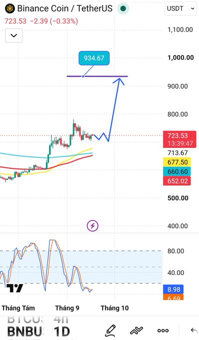 TradingView chart of BNBUSDT (Binance Coin / TetherUS) priced at 723.53, down 2.39 (0.33%), with moving averages and an arrow projecting to 934.67.