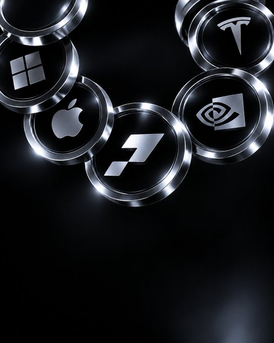 A stylized image featuring metallic coins with logos for Microsoft, Apple, Tesla, NVIDIA, and a seventh symbol arranged in a curve against a black background.