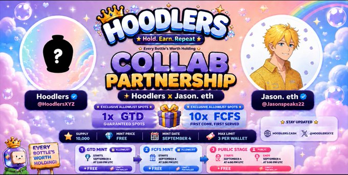 A promotional graphic for a 'HOODLERS COLLAB PARTNERSHIP' with 'Hoodlers x Jason.eth', featuring exclusive spot allocations of 1x GTD and 10x FCFS, mint price free, and mint date September 4.