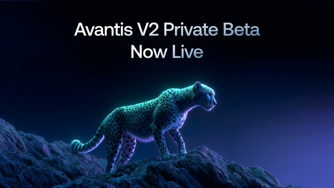 A promotional graphic reading 'Avantis V2 Private Beta Now Live' featuring a glowing cheetah standing on rocks.