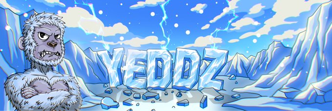 An illustrated yeti character stands beside icy block letters spelling "YEDZ" against a frozen mountainous backdrop with lightning and falling snowflakes. The frosty, winter-themed artwork ties directly into the post's yeti wordplay and tease for the upcoming "YEDZ" NFT drop on the Hedera ($HBAR) network.