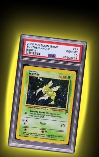 A PSA-graded 2000 Pokemon Game Scyther Base Set Holo card #17, rated GEM MT 10, encased in a protective holder.