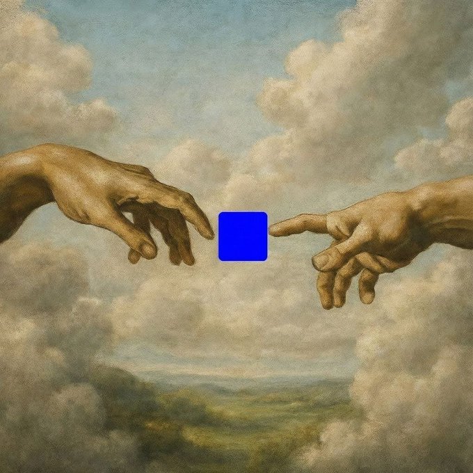 Two iconic hands from Michelangelo's "Creation of Adam" reach toward each other against a cloudy sky, with a bright blue square positioned between their nearly touching fingertips—evoking a digital "creation" moment, fittingly symbolizing the arrival of a new project on the Base blockchain.