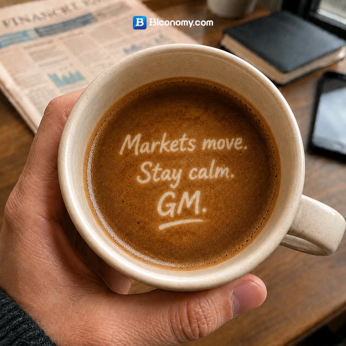 A hand holding a coffee cup with latte art reading 'Markets move. Stay calm. GM.' displayed on the foam, with a Bconomy.com logo visible at the top.