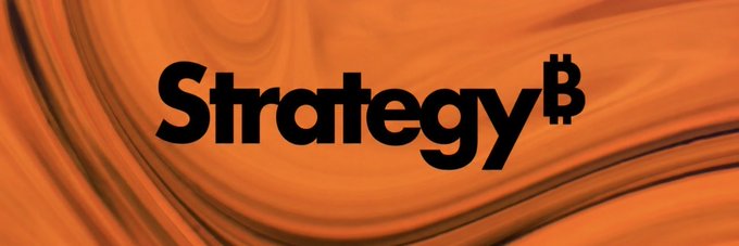 The image shows the bold black "Strategy" logo (formerly MicroStrategy) featuring its signature Bitcoin-style "B" symbol, set against a flowing orange liquid background. This visual aligns with the post's discussion of $MSTR and its evolving capital structure, including preferred shares as a new funding layer alongside its core Bitcoin treasury strategy.