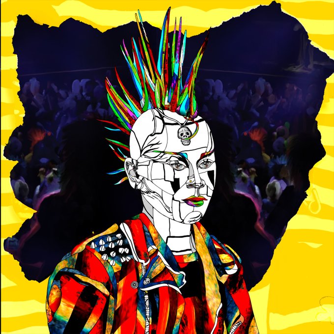 A colorful pop-art style drawing of a figure with a white skull-like face, vibrant spiked hair, and a patterned shirt against a yellow background.