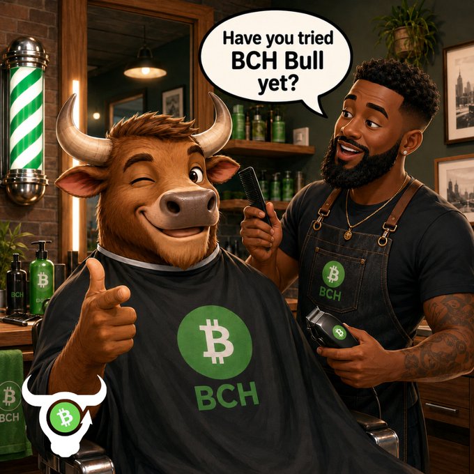 A humorous meme shows a bull getting a haircut in a barbershop from a barber wearing a 'BCH' apron, with a speech bubble asking 'Have you tried BCH Bull yet?' featuring Bitcoin Cash (BCH) logos.